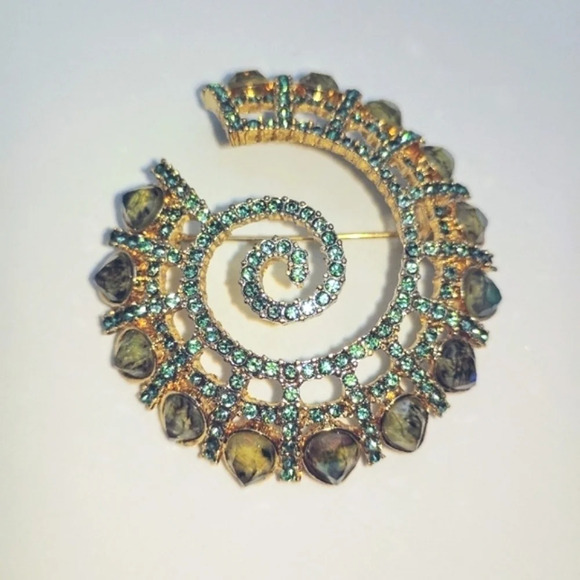 Napier Brooch Mermaid Spiral Goldtone Aqua Crystal Abalone Tone Nautilus - Picture 4 of 11